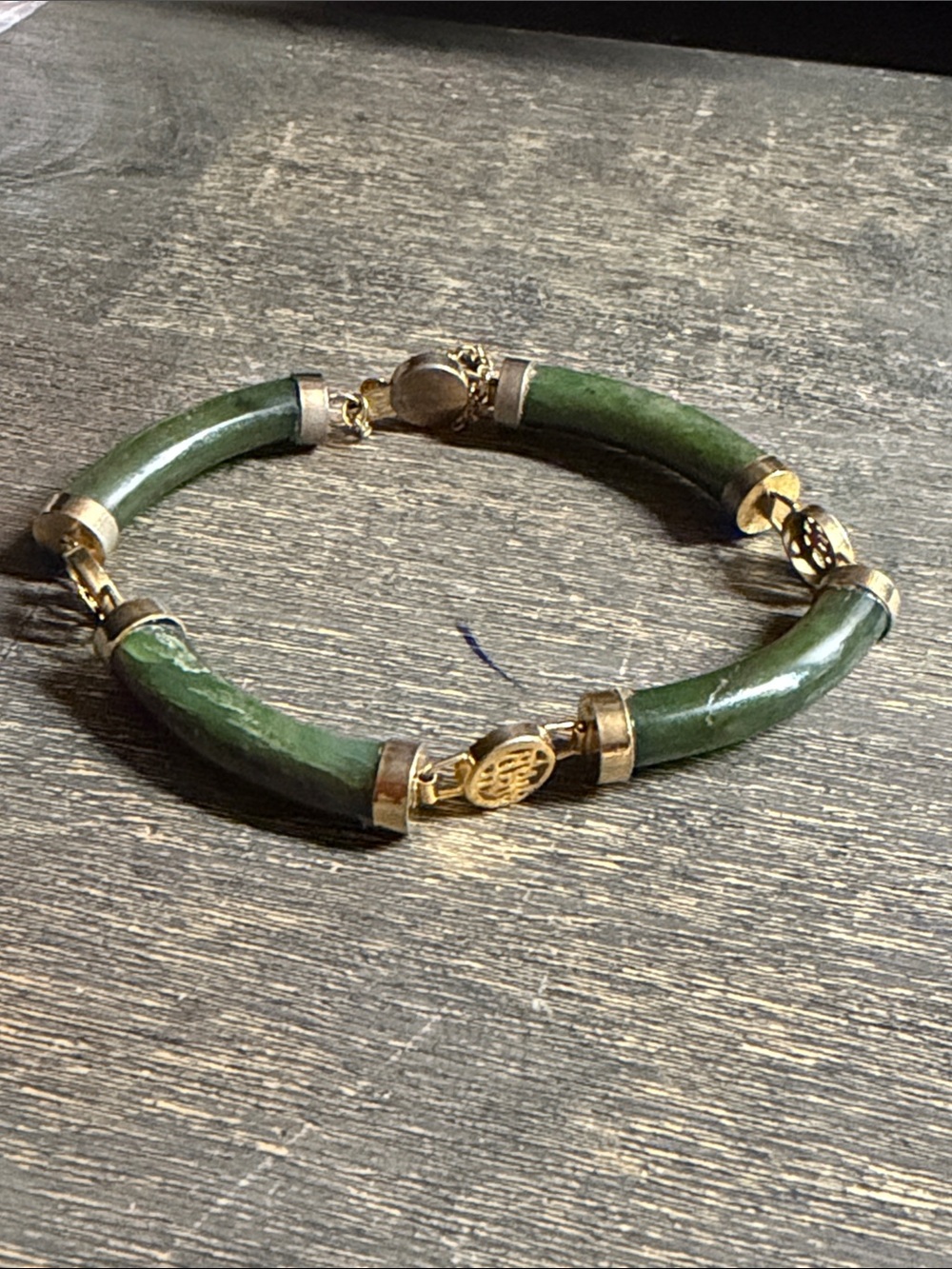 Green Jade Tube Bracelet with Gold Accents